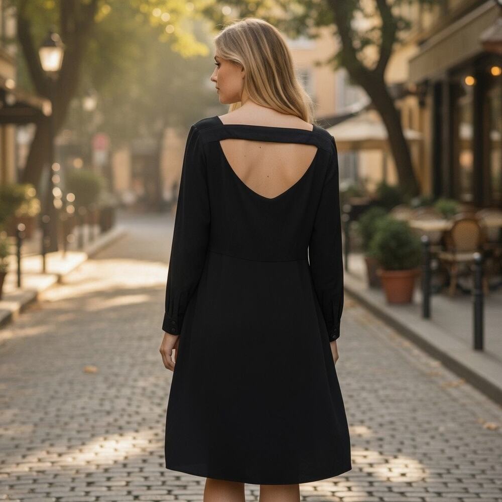 COS Black Sheath Dress Sz 8 100% Silk Keyhole back Asymmetrical hem Semi Sheer - Picture 2 of 11
